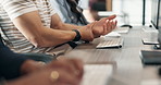 Man, hands and agent with pain in office for overworked strain, pressure or muscle tension. Male person, consultant and typing with sore wrist, ache or injury for carpal tunnel syndrome in workplace