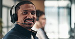 Face, smile and man in call center for telemarketing, about us and insurance sales agent with pride. Portrait, happy person and telesales consultant with headset for coverage, coworking and telecom