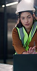 Contractor, laptop and discussion with woman for construction project or development blueprint. Computer, architect or planning with building instructions, strategy and review design in office