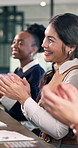 Happy, applause and business woman in meeting for good news, achievement and financial goals. Office, team and workers clapping hands for success, finance workshop and strategy for investment growth