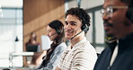 Face, contact us and man at help desk in call center for technical support, troubleshooting or smile. Headset, computer and portrait of happy consultant with tech, customer service or coworking
