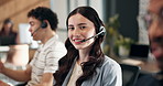Call center, face and woman at help desk with smile for technical support, contact us and laughing. Headset, happy person and consultant for customer service, IT troubleshooting and coworking