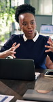 Business, talk and woman with laptop in meeting for market insight, quarterly update or reporting. Sales manager, black person or tech with feedback on deal progress, goal setting or trends in office