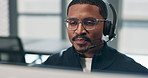 Computer, talking or black man in call center for telemarketing, premium benefits or insurance sales. Tech, person or telesales agent with headset for coverage options, policy offer or communication
