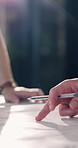 Architecture, planning and hands of people with blueprint for building design, floorplan and renovation. Engineering, teamwork and workers with paperwork, sketch and meeting for remodeling project