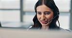 Computer, smile and woman in call center for telemarketing, premium benefits or insurance sales. Tech, happy person or telesales agent with headset for coverage options, policy offer or communication