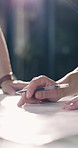 Architecture, hands and people in meeting with blueprint for building design, floorplan and renovation. Engineering, teamwork and workers with paperwork, sketch and planning for remodeling project