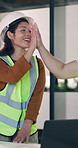 Architecture, high five and people in meeting with success for building approval, floorplan and renovation. Engineering, team and woman with blueprint, victory and agreement for remodeling project