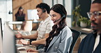 Call center, computer and woman at help desk for technical support, network feedback or typing. Headset, tech or happy consultant talk to client for internet connection, customer service or coworking