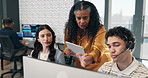 Coach, consultant and team with tablet in call center for virtual assistance or online guidance. People, mentor or training agency with technology, advice or help for customer service in workplace