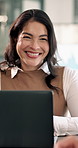 Meeting, happy and woman with laptop for planning, financial review and feedback for investment. Team, computer and person with online report for finance, discussion and research for budget proposal