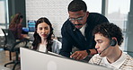 Coach, consultant and team with tablet in agency for virtual assistance, support or online guidance. People, mentor or training agent with technology, advice or help for customer service in workplace