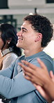 Happy, applause and business man in workshop for achievement, development and company growth. Office, team and workers clapping hands for feedback, learning and seminar success for upskill training