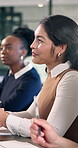 Business, meeting and businesswoman with team, listening and ideas for investment proposal and plan. Office, collaboration and happy person with colleagues, discussion or strategy funding opportunity