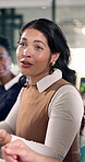 Business, meeting and businesswoman with team, discussion and plan for investment proposal or ideas. Office, collaboration and happy person with colleagues, talk and strategy for funding opportunity
