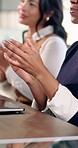 Hands, applause and business people in meeting for success, achievement and finance goals. Office, team and workers clapping for feedback, financial workshop and proposal pitch for investment growth