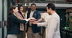 Office, team building and happy employees with hands together in collaboration, support and goals. Company, mission and business people with startup, solidarity and celebration of partnership success