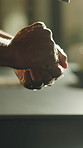 Washing, hands and man with sink, soap and water for hygiene, wellness and germ protection. Home, closeup and person with liquid, and cleaning for disinfection, bacteria prevention and health