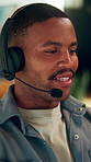 Talking, remote work and man with headset for customer support, contact us and virtual assistance. Wfh, happy and African person with mic for online consulting, crm service and communication in home
