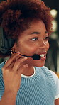 Talking, happy and business woman with headset for tech support, help desk and virtual assistance. Smile, contact us and African person with mic for online consulting, crm service and advice in home