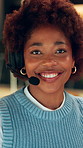 Mic, smile and face of black woman in office at night for call center, crm or help desk with voip. Happy, portrait and technical support consultant with customer service, contact us or consultation.