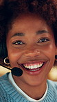 Mic, happy and face of black woman in office at night for call center, crm or help desk with voip. Smile, portrait and technical support consultant with customer service, contact us or consultation.
