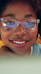 Reading, glasses and woman with computer in business, digital marketing or ad campaign stats on app. Eyewear, reflection and black person with technology, social media manager and happy with research