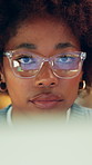 Creative, glasses and woman with computer in office, digital marketing and ad campaign stats on app. Eyewear, reflection and black person with technology, social media manager and graphs on website