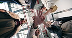 Below, team building and business people with hands together in partnership, support and goals. Office, mission and group stack with startup, solidarity and celebration of collaboration success
