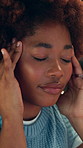 Migraine, stress and black woman in office at night with deadline for creative project with mistake. Error, headache and magazine editor with frustration for online article with bad news in workplace