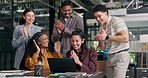 Excited, team and applause at laptop in office for viral campaign, ROAS target and brand deal. Tech, happy people and celebration with clapping at marketing agency for pitch win, ad growth or success