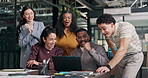 Excited, team and celebration at laptop in office for viral campaign, ROAS target and brand deal. Tech, happy people and applause with high five at marketing agency for pitch win, ad growth or goals