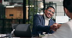 Interview, man and smile with handshake in office for finance vacancy, new recruit and onboarding. Company growth, HR manager and candidate shaking hands for financial role, contract offer or success