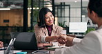 Business, woman or happy with handshake in meeting for negotiation success, deal or company merger. Investor, people or shaking hands in office for contract, equity purchase or offer in joint venture