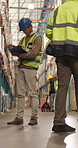 Logistics, man and clipboard in warehouse for inspection, greeting people and inventory management. Flare, happy person and talk in depot with team, checklist and supply chain report from low angle.