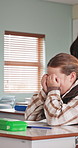 Sad, fail and quiz with child in classroom for burnout, education mistake and assessment mark. Poor test grade, frustrated and academic pressure with student crying for exam scores in school