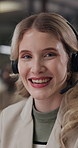 Headset, face and businesswoman in office at night for call center, crm or global voip system. Happy, mic and portrait of technical support consultant with customer care, consultation or advice.