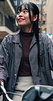 Bike, sightseeing and woman in city for travel, holiday or adventure on outdoor journey. Happy, cycling and Asian person commuting on eco friendly bicycle for exploring on vacation in urban town.
