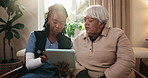 Nursing home, old woman and caregiver with tablet, advice or explaining medical diagnosis on website. Healthcare, info and talking with senior person, homecare and nurse with tech for treatment plan