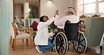 Doctor, high five and senior woman in wheelchair, healthcare healing and thanks for homecare visit. Medical worker, hand gesture and happy person with disability, success or funny chat in retirement