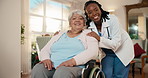 Face, doctor and senior woman in wheelchair in home, healthcare and laugh at visit with smile. Medical worker, portrait and happy person with disability, support and rehabilitation in retirement