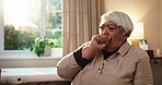 Cough, sick and old woman in doctor office with virus, medical emergency and asthma attack symptoms. Elderly person, health crisis and respiratory infection in clinic with illness, problem or disease