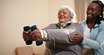 Physio, support and senior woman with dumbbells for workout, strength and rehabilitation in clinic. Healthcare worker, happy old person and weights for physical therapy, arm exercise and fitness.