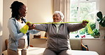 Physiotherapist, stretching and old woman in clinic with resistance band, advice and wellness tips. Happy, senior person and talk with physical therapist for mobility exercise, fitness and support.