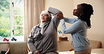 Physiotherapist, stretching arms and old woman in clinic for mobility, breathing and rehabilitation. Physical therapist, help and senior person with movement, support or exercise for injury recovery.