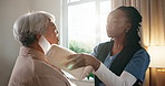 Brace, nurse and old woman with neck pain in home for healthcare, recovery or rehabilitation. Checkup, injury and medical support with caregiver speaking to senior patient in assisted living for help