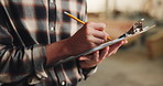 Writing, hands and man for carpentry with clipboard, inspection and material for timber production. Warehouse, carpenter and person with checklist for inventory, lumber business and woodworking