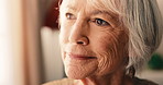 Thinking, smile and senior woman in home with reflection, memory or nostalgia for retirement. Happy, relax and elderly person in living room with decision, choice or planning pension in apartment.