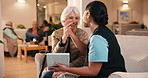 Nursing home, old woman and nurse with tablet, high five or celebration for health update on website. Happy, caregiver and senior person with disability, support and review good news with technology
