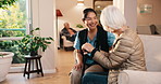 Nursing home, nurse and old woman with walking stick, retirement and talking with patient in lounge. Happy, caregiver and senior person with disability in living room, healing and cane for support